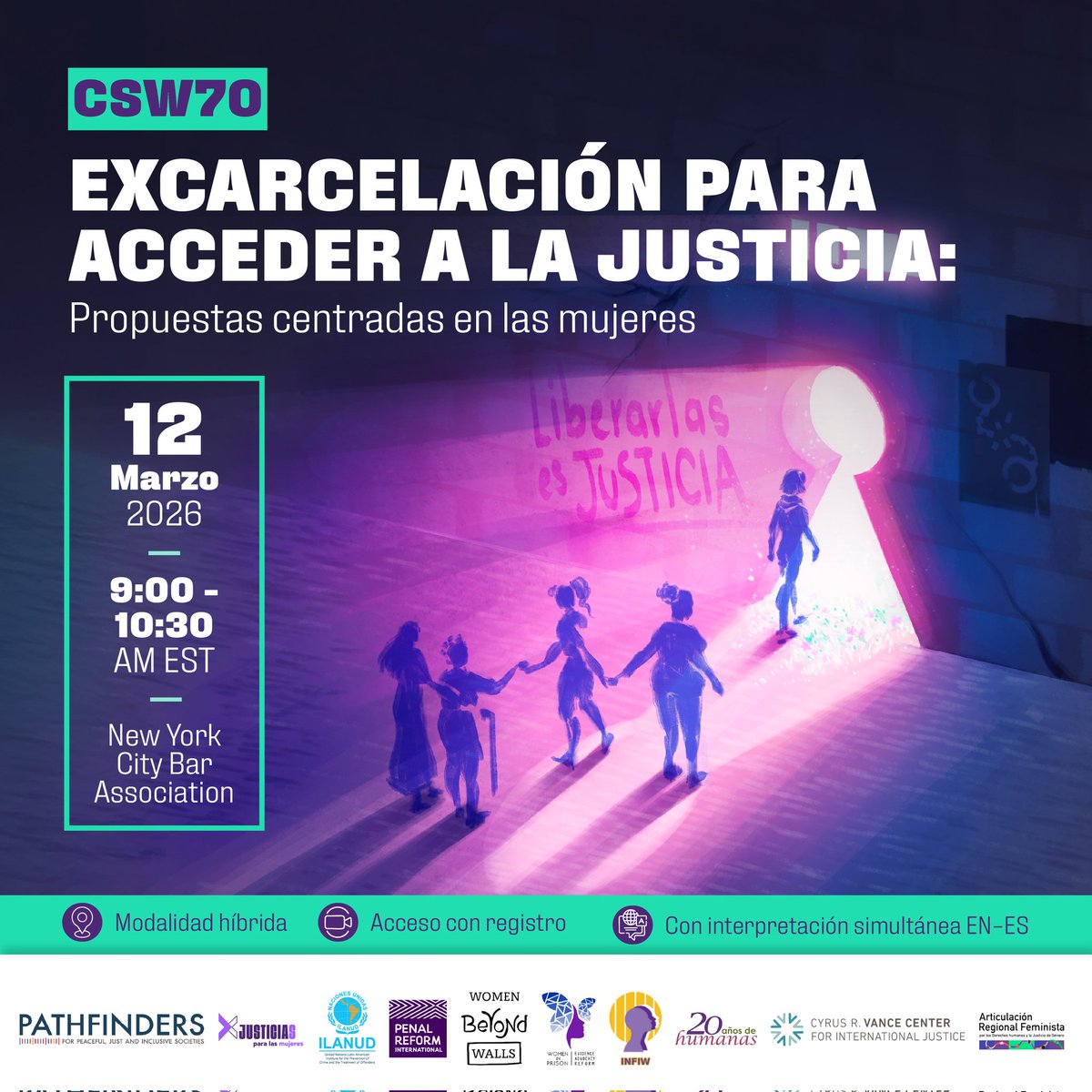 EquisJusticia's tweet photo. 🗓 12 de marzo📍 Nueva York | En el marco de la #CSW70, posicionamos la #excarcelación como parte de la agenda de acceso a la justicia para las mujeres ✊🏽⛓️💥

Dialogaremos sobre mecanismos de liberación, revisión de sentencias y criterios con perspectiva de género que reduzcan el uso de la prisión y enfrenten las desigualdades estructurales en el sistema penal.
 
👉🏽 Virtual: https://t.co/F7bFPCq0ij 
👉🏽 Presencial: https://t.co/bP6J6n26jb
