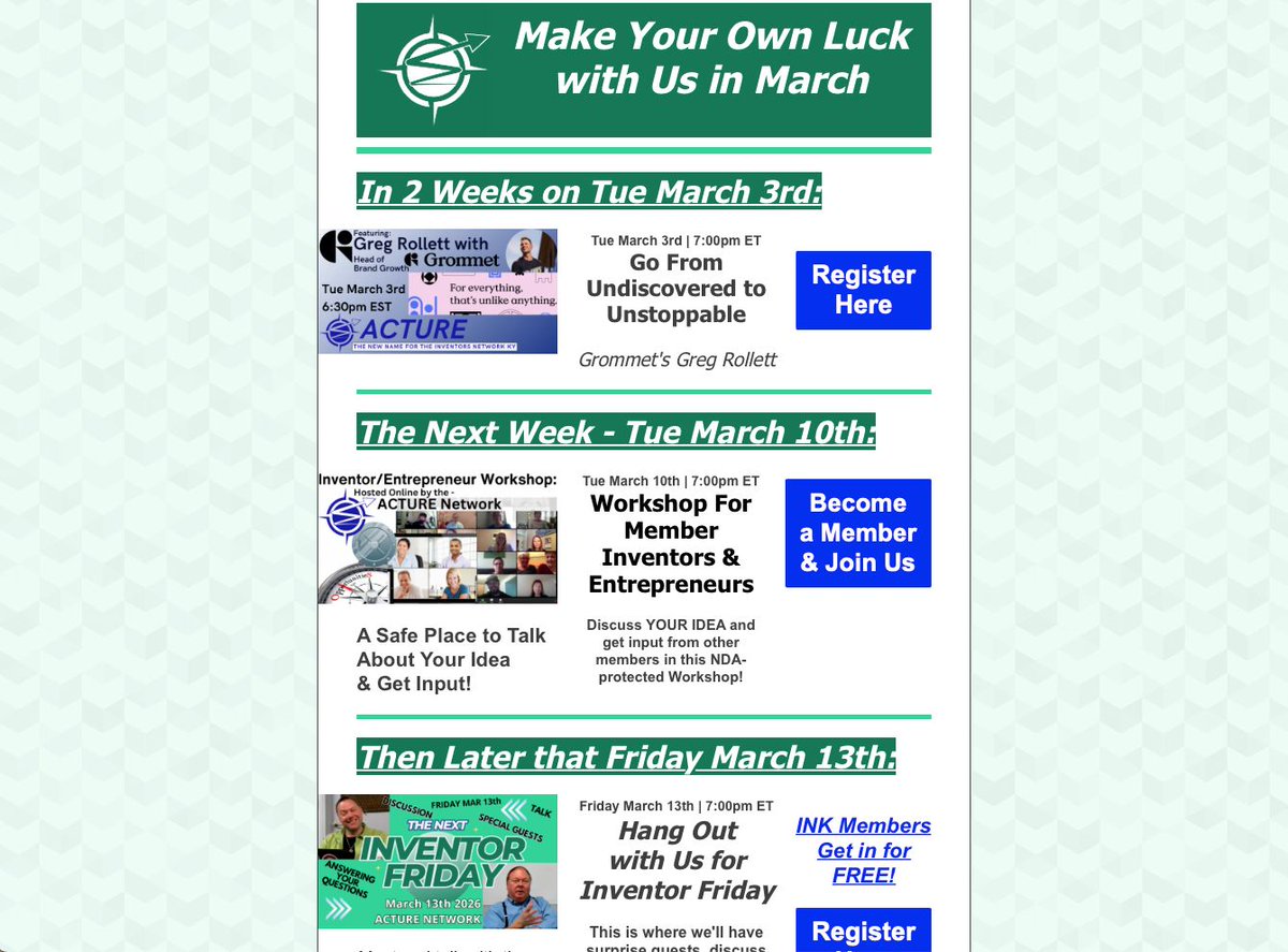 InventEmpowered's tweet photo. Make Your Own Luck with Acture in March –Reserve Your Spot Now for these great events! - https://t.co/l9tHEFCoN2 https://t.co/gBkaYRKT4Z