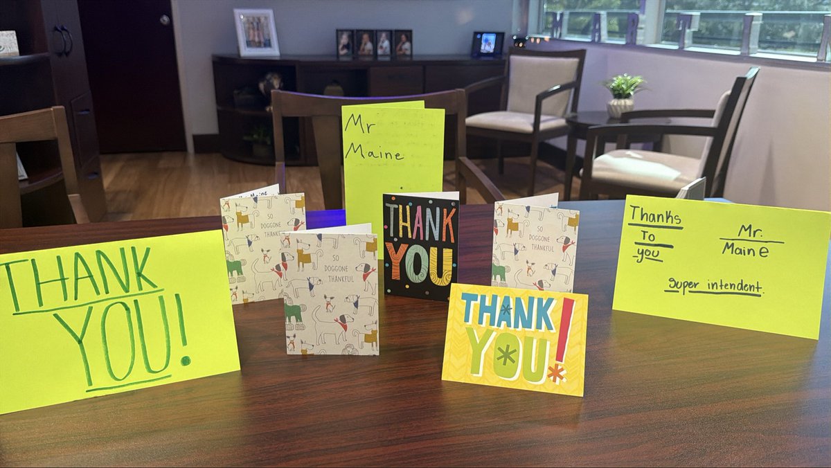 SuptMMaine's tweet photo. Got a delivery through the district pony today that instantly turned my whole day around: handwritten thank-you cards from the Student Government students at Hidden Oaks Middle. Their words were thoughtful, genuine, and full of encouragement! https://t.co/9rkNahxfzv