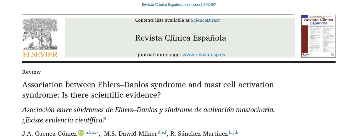 JosengelCuenca1's tweet photo. Acabo de publicar junto con el Dr. David-Milner y la Dra. Sánchez-Martínez una revisión de la asociación de #ehlersdanlos y #sindromedeactivaciónmastocitaria Un tema muy de actualidad, sobre el que hay mucho campo de estudio para mejorar la vida de estos pacientes. https://t.co/uUEoVG8v1A