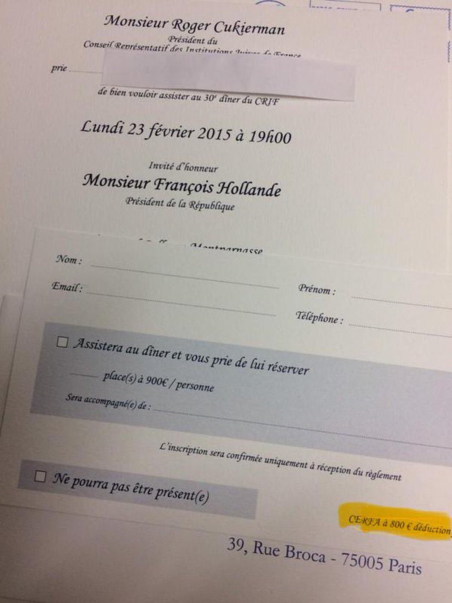 🇫🇷💸INFO - Ce soir se tient le 40e dîner du CRIF. Le prix d’un couvert est d’environ 900 €. Sur cette somme, 800 € peuvent faire l’objet d’une déclaration via un formulaire Cerfa.

Parmi ces 800 €, 66 % sont déductibles des impôts, soit une réduction fiscale de 528 € pour les