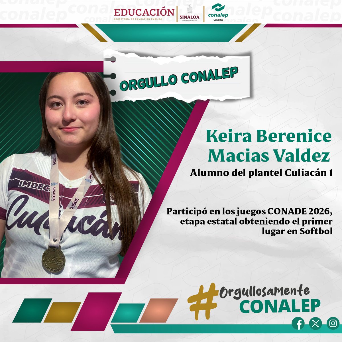 #CONALEP Sinaloa extiende una felicitación a las alumnas del plantel Juan de Dios Batíz-Culiacán 1,  por haber participado en los juegos CONADE 2026, en su etapa estatal, las tres jóvenes lograron obtener el primer lugar en softbol.

¡Muchas felicidades, que sigan los éxitos!