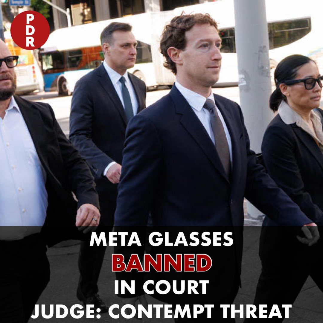 ProgressivesDR's tweet image. 🚨 Judge to Zuckerberg team: Remove those Meta AI glasses or face CONTEMPT!  

Cameras on smart glasses in court during addiction trial? Bold move.  

Big Tech rules don't apply? Thoughts? ✊  
#BigTechAccountability #PDR