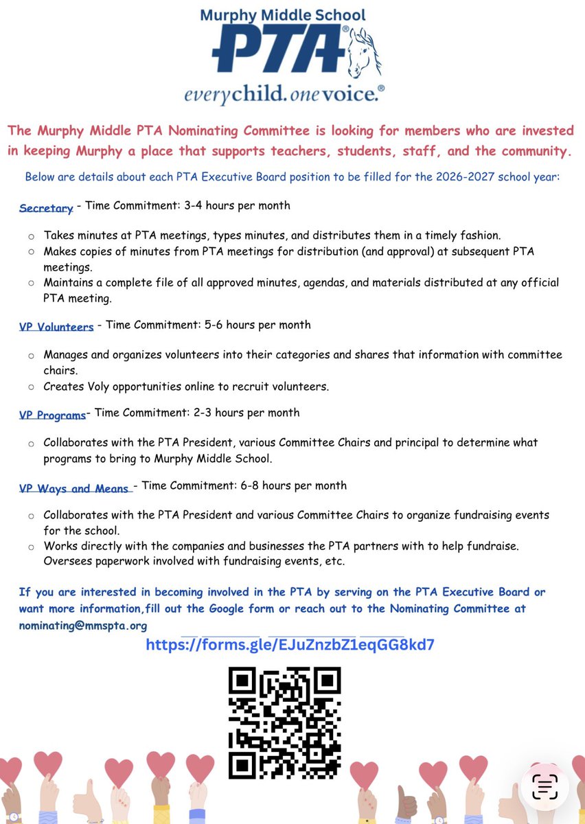 MMSPTA's tweet photo. It’s time to start thinking about the Murphy PTA Executive Board for next year! If you are looking for a great way to make a difference, the Nominating Committee would love to hear from you. Please fill out the Google Form below to express your interest:
https://t.co/gefWKxWqc7 https://t.co/au9lMry0Ih