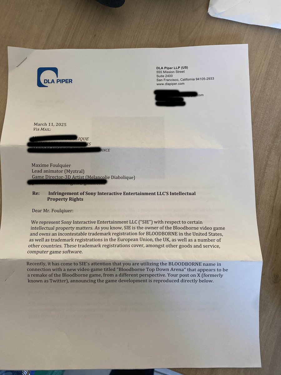 MaximFoulquier's tweet image. With the closure of Bluepoint Studio, now feels like the right time to share something.

Sony sent me a cease and desist letter regarding my second Bloodborne remake project that I posted about in November 2024.

I was incredibly excited about this project and worked on it a lot