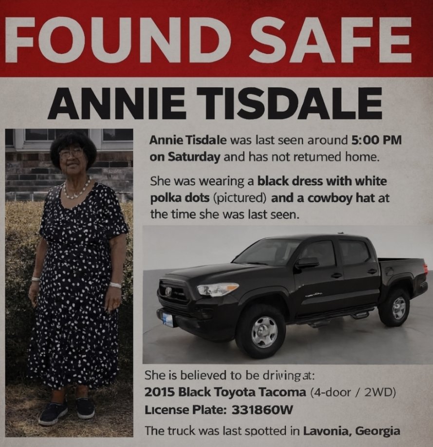 Some good news.  

78 YO Annie Tisdale who was missing in South Carolina has been found safe!

We needed good news. 

#Missing 
#SouthCarolina