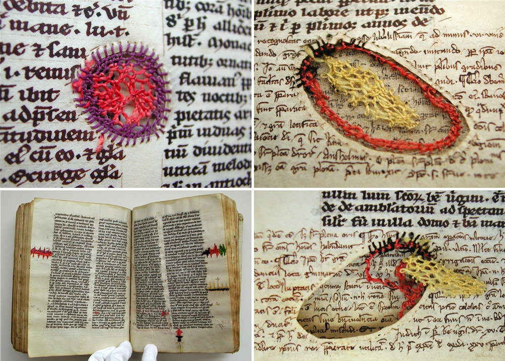 A medieval book mended with silk thread. Parchment was difficult to make and expensive to replace, and so medieval scribes would often find other ways to restore them and help ameliorate further damage.