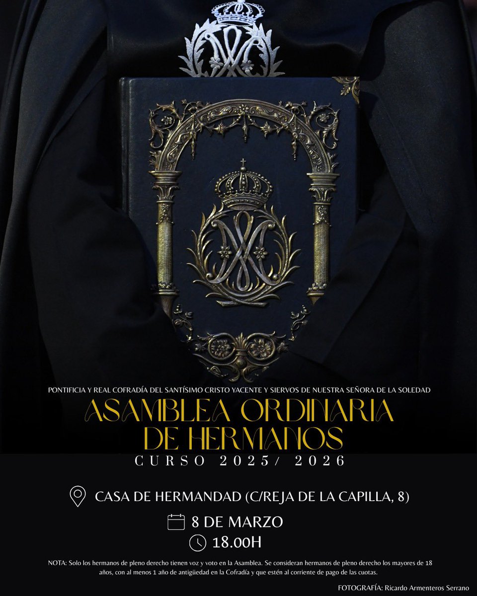 ⚫️ASAMBLEA ORDINARIA DE HERMANOS⚫️

Informamos a todos los cofrades de de que, el próximo domingo 8 de marzo, a las 18:00 horas, tendrá lugar la Asamblea General Ordinaria correspondiente al presente curso.

📸 Ricardo Armenteros