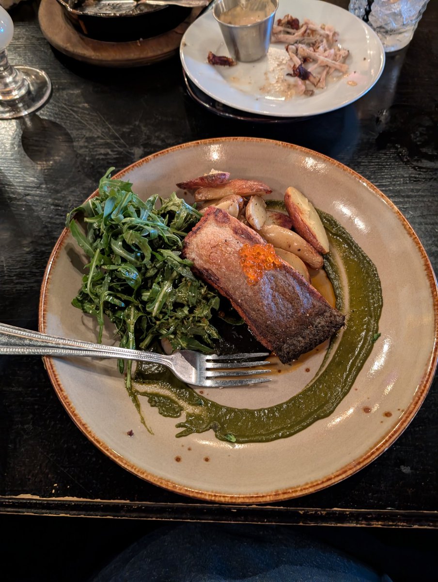 Myfood
Corn tamal with green chile white sauce, carne seca enchilada, ground beef taco
Crispy skin Atlantic salmon, arugula salad, nopales puree, fingerling potatoes