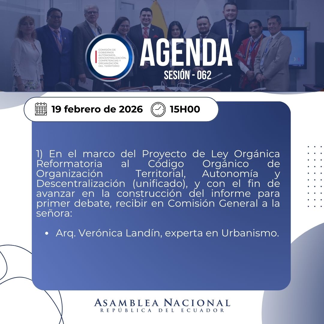 📌 Agenda Sesión Nro. 062-GADCOT-2025-2027 

1) En el marco del tratamiento al Proyecto de Ley Orgánica Reformatoria al COOTAD (unificado), se recibe a:

1⃣Arq. Verónica Landín, experta en Urbanismo

Sigue la transmisión: facebook.com/share/v/1AvcRg…