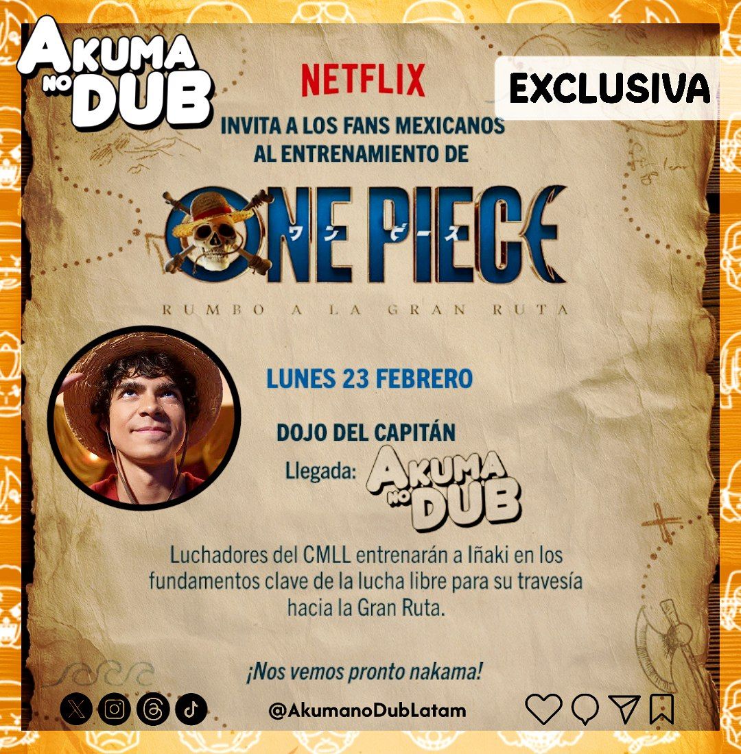 AkumanoDubLatam's tweet photo. 🤛☠️ CONFIRMADO ☠️🤛

 Iñaki Godoy hará una presentación de Lucha Libre 👊👊🤼 en el Evento Mexicano de One Piece Live Action Segunda Temporada!!!!

#Evento #Exclusiva #OnePieceNetflix #IñakiGodoy #OnePiece https://t.co/UssMI56PLu