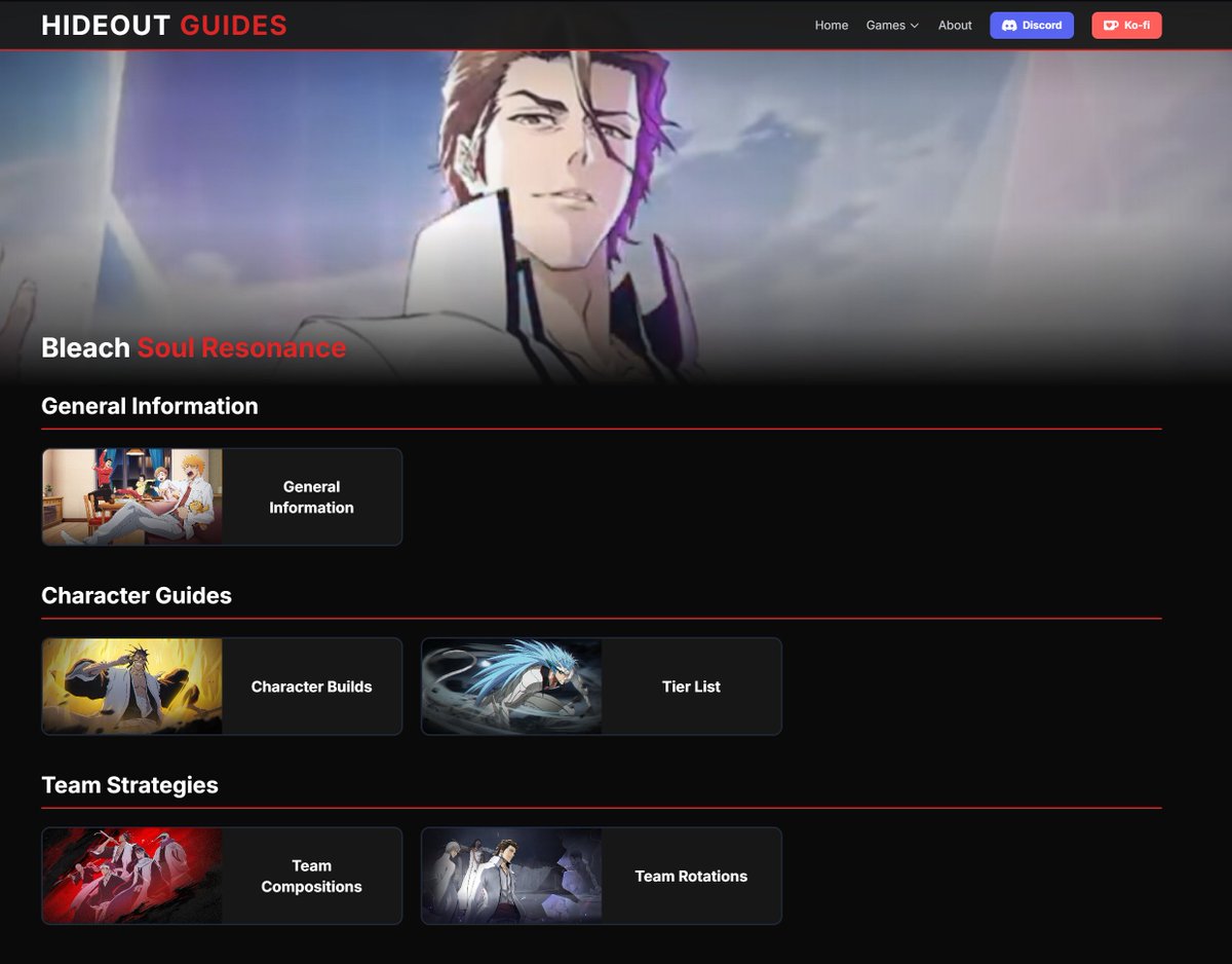 [Guides &amp; Builds]

Check out the new BLEACH Soul Resonance Guide Website.
Teams, Builds, Rotation Guide Videos, Tierlists &amp; more! 

Made by top ranked players

hideoutgacha.com/games/bleach-s…