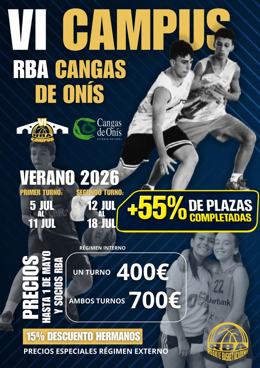 🏀 Ya está completo el 55% de las plazas del VI Campus RBA Cangas de Onís 😱

📅 5–11 julio
📅 12–18 julio

Si te lo estabas pensando… es el momento.
Luego llegan los sin plaza 👀

#RBACampus #CampusBaloncesto
#RBA #CANGASDEONIS #ASTURIAS #TECNIFICACION #BALONCESTO #ROOKIE