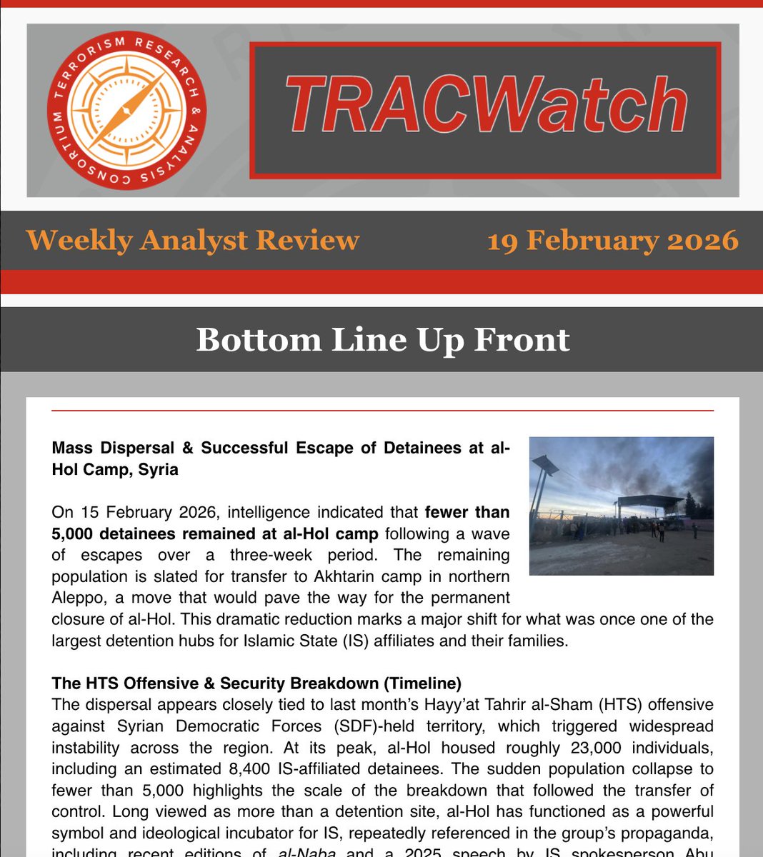 TracTerrorism's tweet image. TRACWatch Weekly Briefing | 19 Feb 2026
Read here = conta.cc/4b08MZy
🚨Mass Dispersal &amp;amp; Successful #Escape of Detainees at al-Hol Camp, #Syria
🚨TRAC Group Profile: #BokoHaram Commander Abubakar Saidu
🚨#JNIM Sheikh Albani, Newly-Appointed Emir of #Benin, Calls on #Muslims