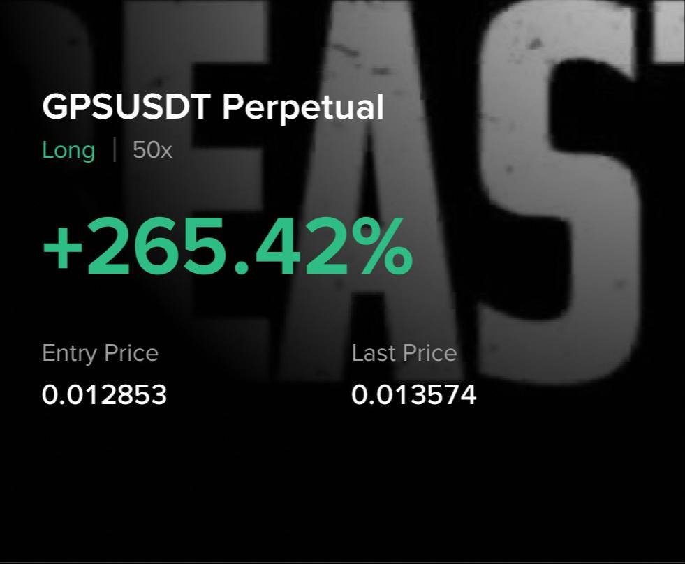 $GPS

TP2: 0.0135 ✅
$ASTER $ICP $ZK $ZEC $DASH $XPL $PENGU $TAO $COAI $BTC $DGB $VIRTUAL $HYPE $SOL $PUMP $ETH $TRUMP $ROSE