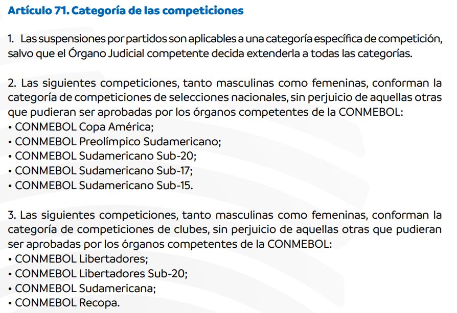 El numeral 2 del artículo 72 del Código Disciplinario de Conmebol se refiere al traslado de suspensiones por partidos.

Bajo este entendido, Edwin Cardona deberá pagar la fecha de sanción por expulsión ante Sao Paulo en Copa Libertadores 2025 en esta Copa Sudamericana 2026.