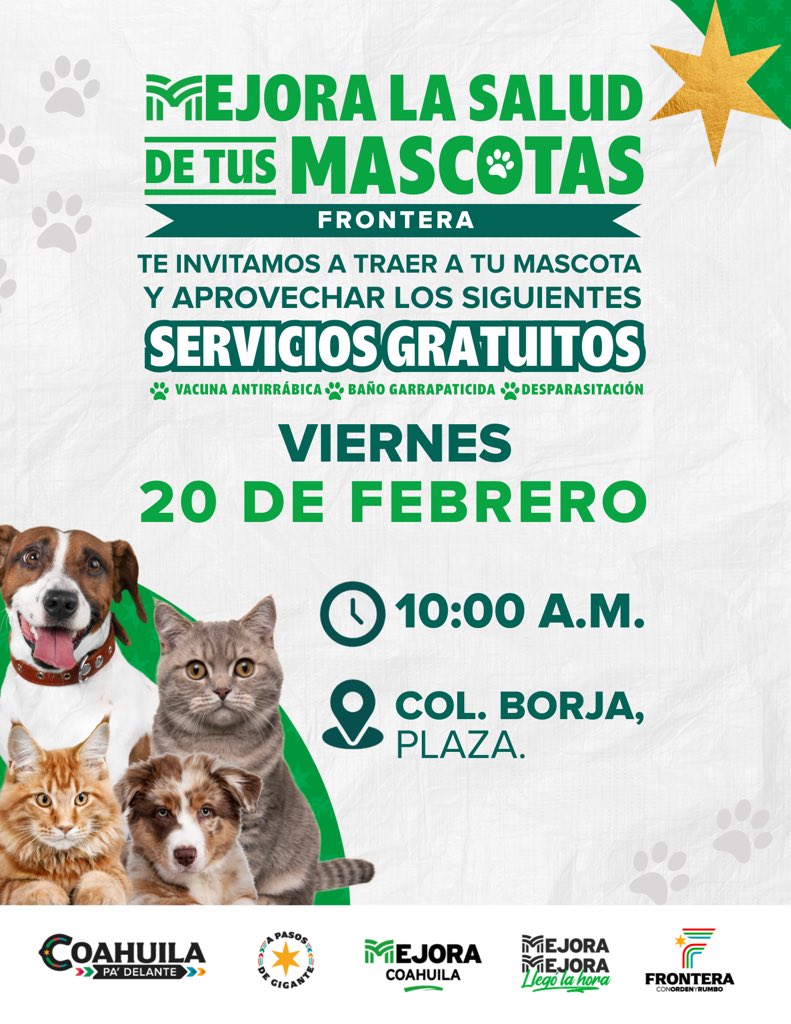 ¿Tienes perro o gato en tu casa? Aprovecha nuestra jornada para mascotas y vacúnalos.

#CoahuilaPaDelante #APasosDeGigante #MejoraEnTuSalud