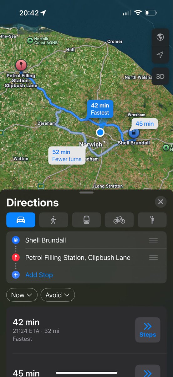 Clarkey_57's tweet photo. Why is there no petrol station between Fakenham and Brundall along this route? It’s 42 minutes and 32 miles for fucks sake. https://t.co/fsflAt3MRy
