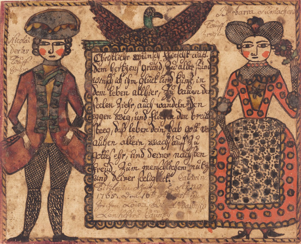 PublicDomainRev's tweet photo. In Pennsylvania and beyond (ca. 1790–1830) official documents such as baptismal records, land deeds, and birth registries were lettered in German fraktur script, and decorated with the hearts, vines, and tulips that came to characterise fraktur folk art: https://t.co/zbGaJlpwEQ https://t.co/YDJyJNgQu8