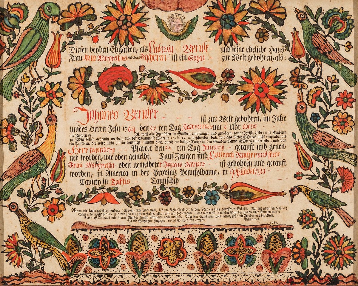 PublicDomainRev's tweet photo. In Pennsylvania and beyond (ca. 1790–1830) official documents such as baptismal records, land deeds, and birth registries were lettered in German fraktur script, and decorated with the hearts, vines, and tulips that came to characterise fraktur folk art: https://t.co/zbGaJlpwEQ https://t.co/YDJyJNgQu8