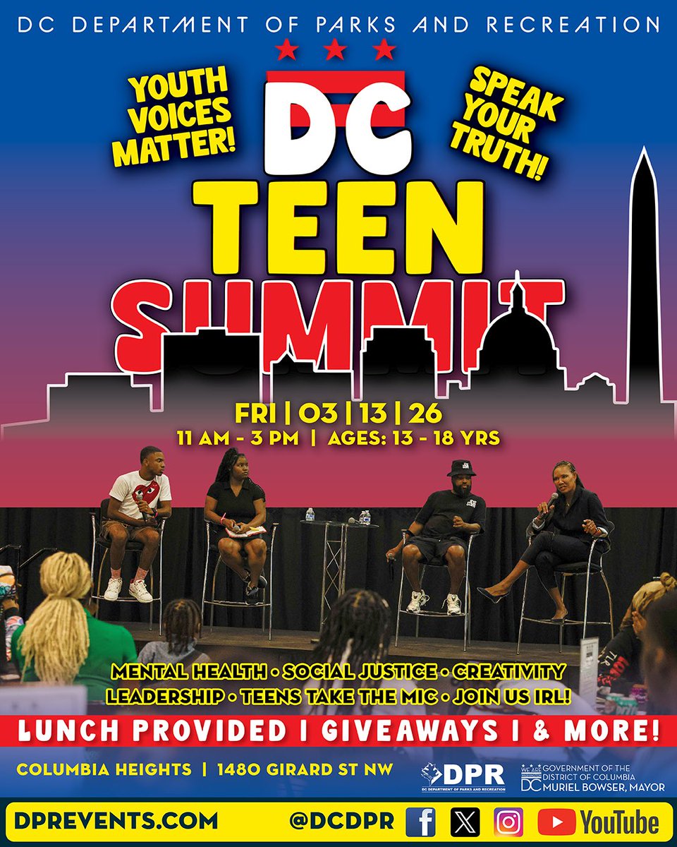 DCDPR's tweet photo. DC TEENS we built the space- now you run it🔥

This  is your space to talk mental health, social justice, creativity &amp; leadership.

🗓 March 13 | 11AM–3PM
📍 Columbia Heights Recreation Center
🍕 Lunch &amp; giveaways provided

👉 https://t.co/edI4kp5QwH https://t.co/WNUlDVc4NK