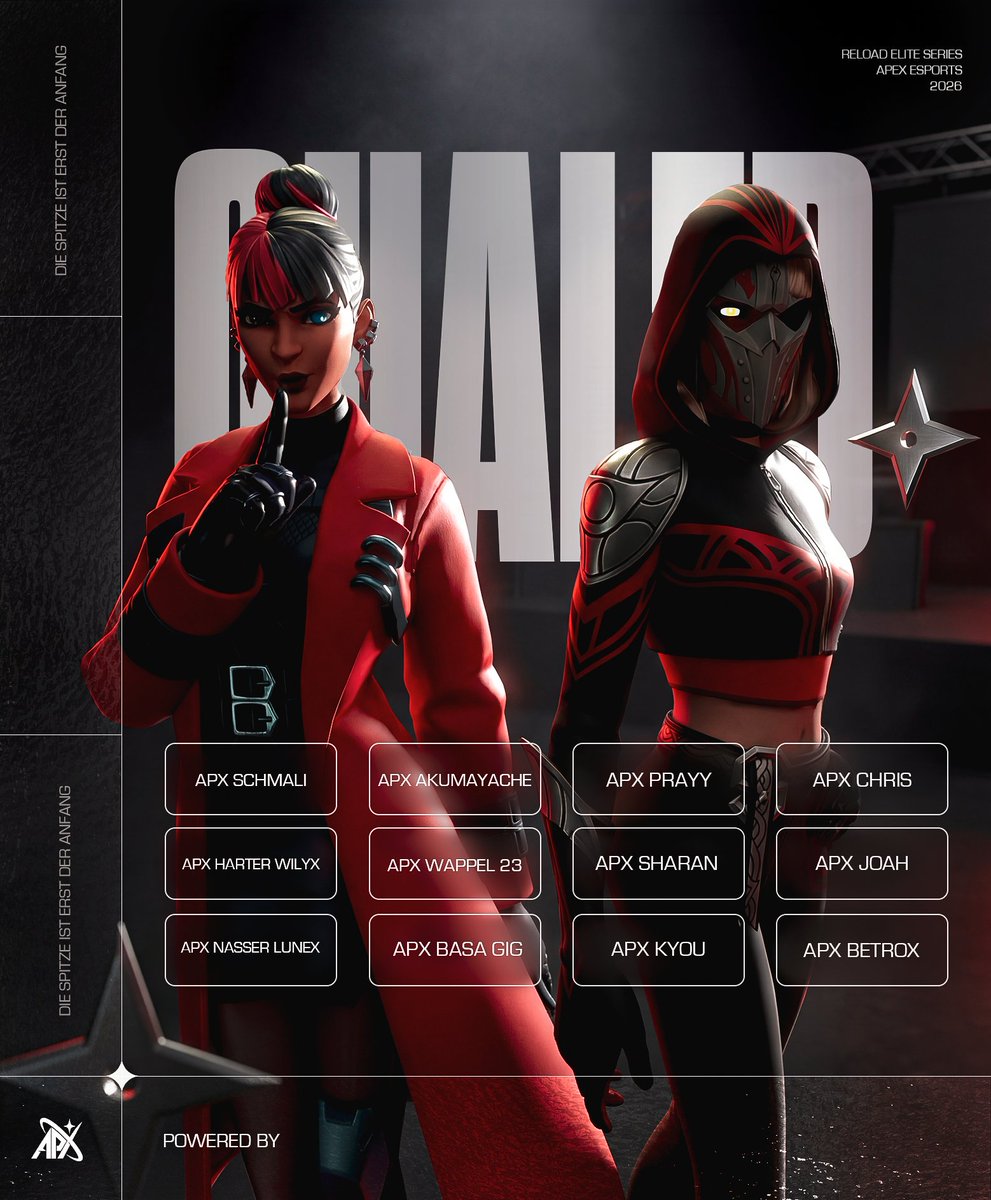 Wir wünschen allen Apex Spielern viel Erfolg in den Reload Elite Series Play-Ins. 🏆 
Wir sind zahlreich vertreten und sind auf eure Ergebnisse gespannt! 🐐

<a href="/schmalifn_/">Schmali</a> <a href="/Prayyfnr/">Prayy</a> <a href="/wilyxfv/">Wilyx</a> <a href="/sharanchopra66/">Sharanfn</a> <a href="/lunexgoty/">lunexfn</a>