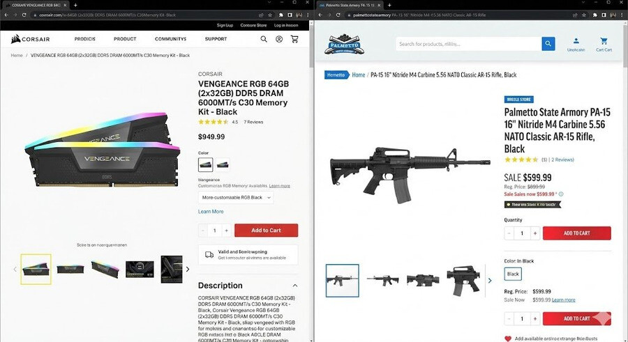 "RAM":
Porque usuarios destacaron que ya es más barato comprar un rifle AR-15 que 64 GB de RAM DDR5.