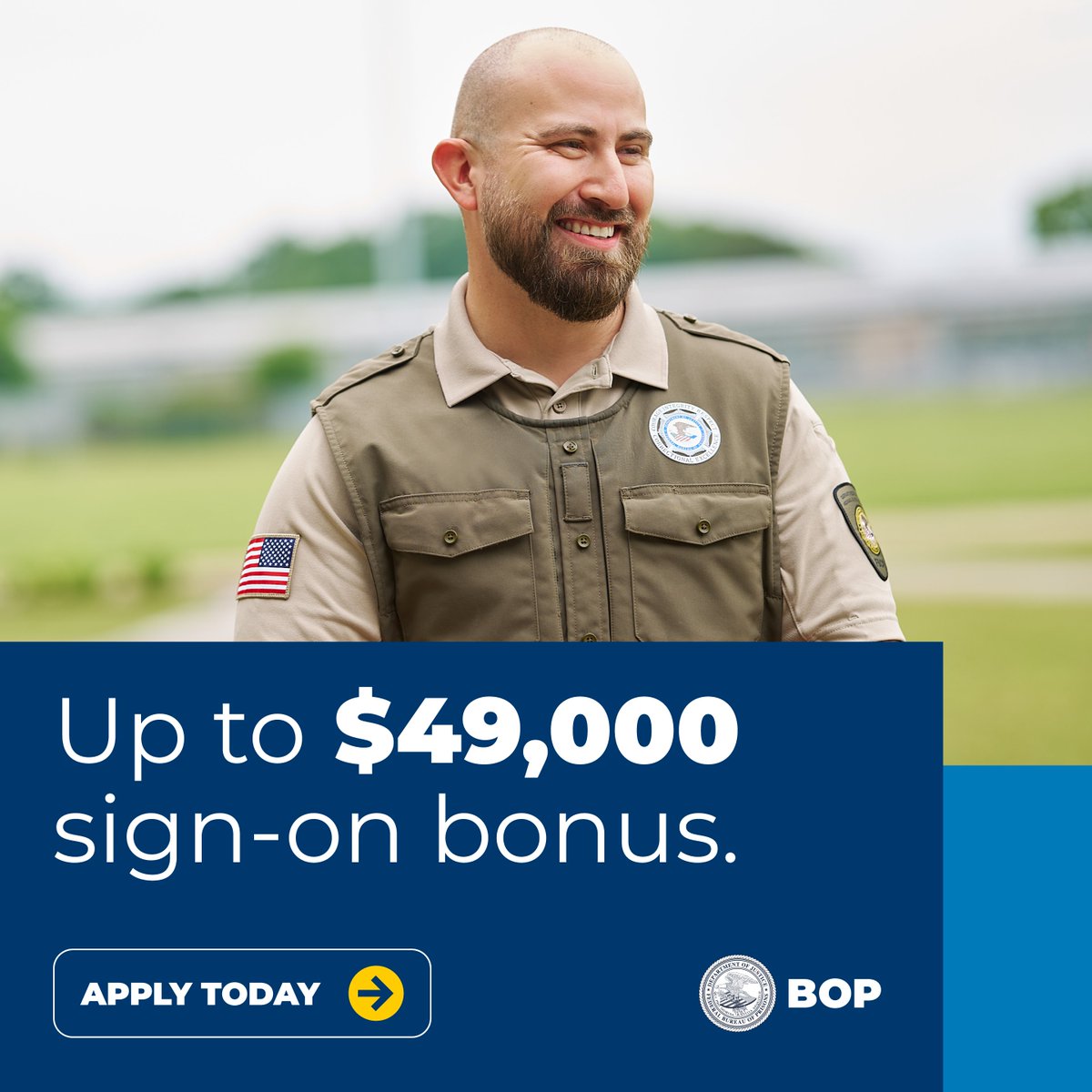 BOPCareers's tweet photo. Start an impactful career and receive a bonus! The BOP now offers up to a $49K sign-on bonus* to Correctional Officers. Join us to keep America safe.​
​
*Dollar amounts are based on the highest grade, step, and locality. Incentives are subject to change.