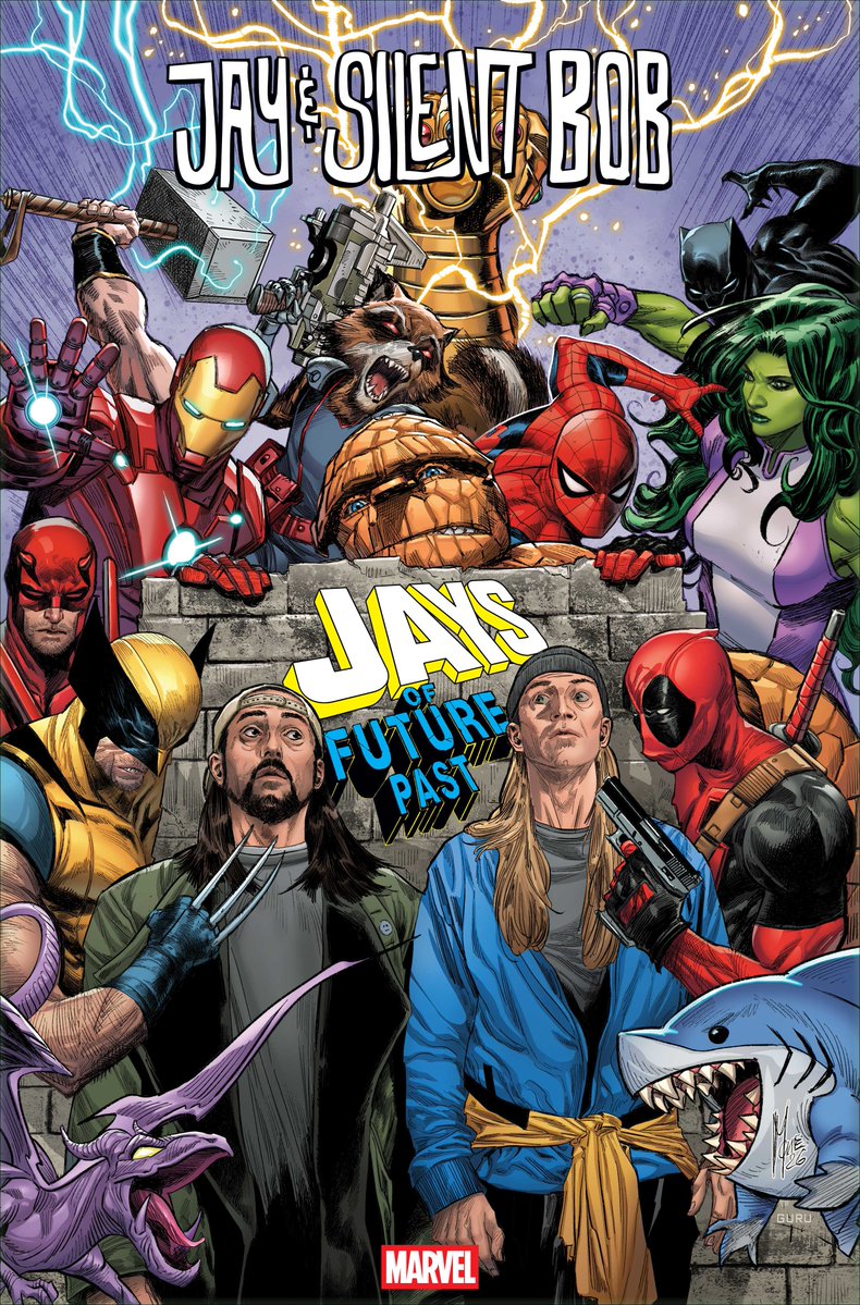 This summer, Jay &amp; Silent Bob team up with Marvel's heroes in 'Jay &amp; Silent Bob: Jays of Future Past,' a one-shot written by <a href="/ThatKevinSmith/">KevinSmith</a> and drawn by Giuseppe Camuncoli. 

Scroll to learn more 🧵⬇️ 

🎨: Marco Checchetto