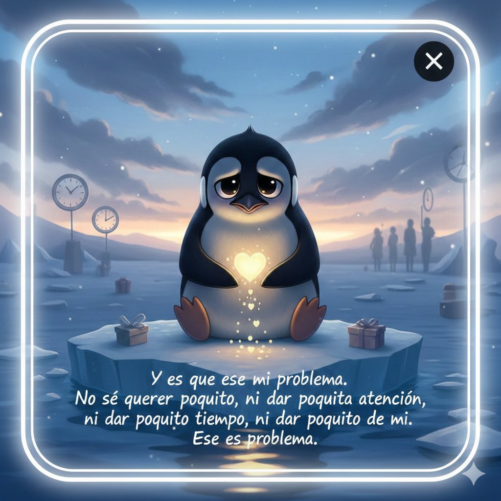 Y es que ese es mi problema.

No sé querer poquito, ni dar poquita atención, ni dar poquito tiempo, ni dar poquito de mi 

Ese es mi problema.