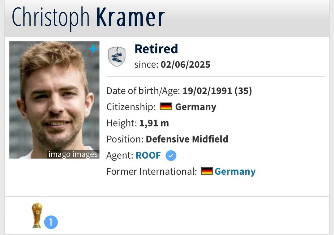 Christoph Kramer turned 35 today. He won exactly one trophy in his career: World Cup