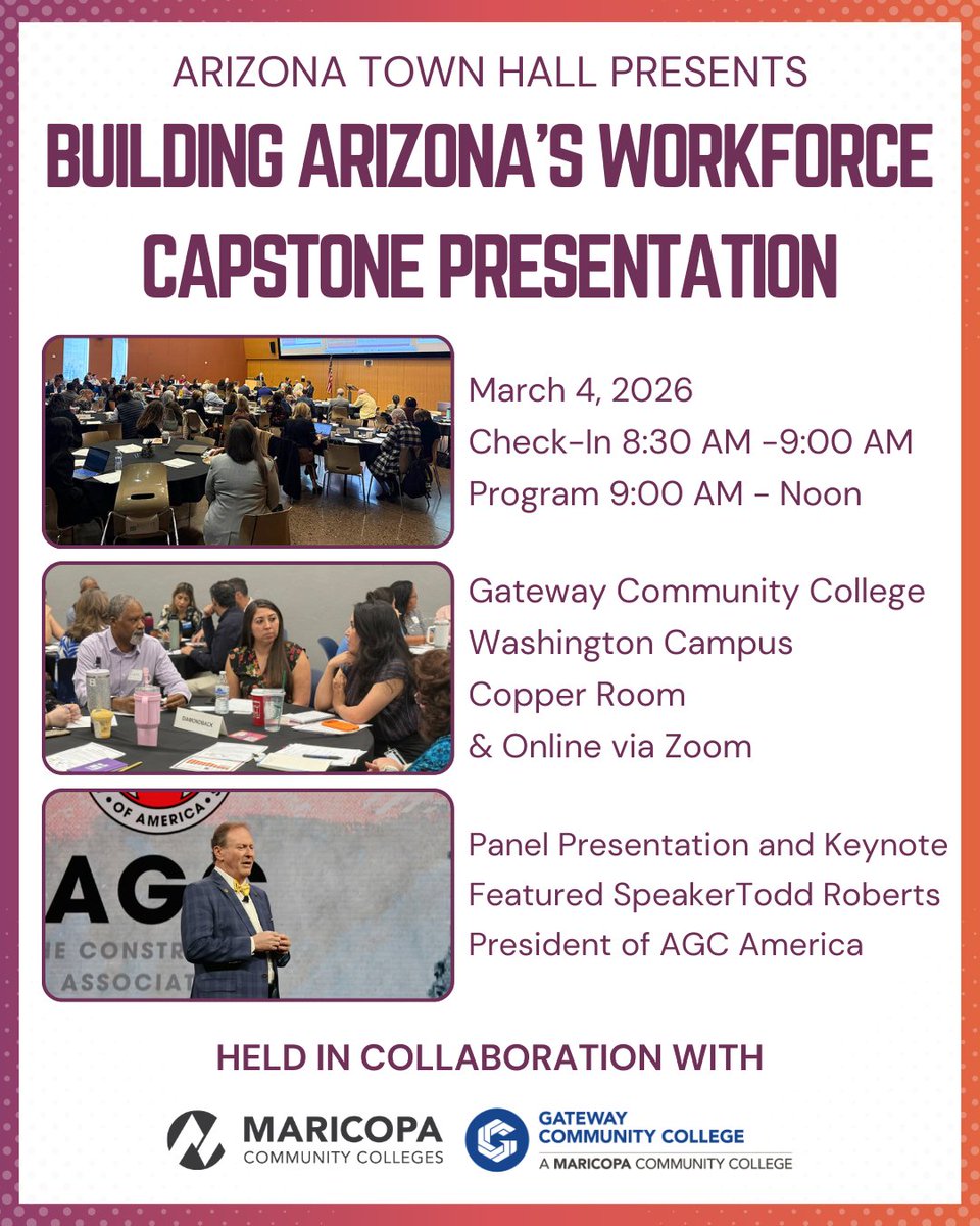 AzTownHall's tweet photo. On March 4, 2026, Arizona Town Hall will bring civic leaders together to discuss key issues and opportunities presented in the recommendations from programs on "Building Arizona's Workforce."

Register now for this free hybrid program:
https://t.co/QbP4MjFPam https://t.co/oPG2XfcG0j