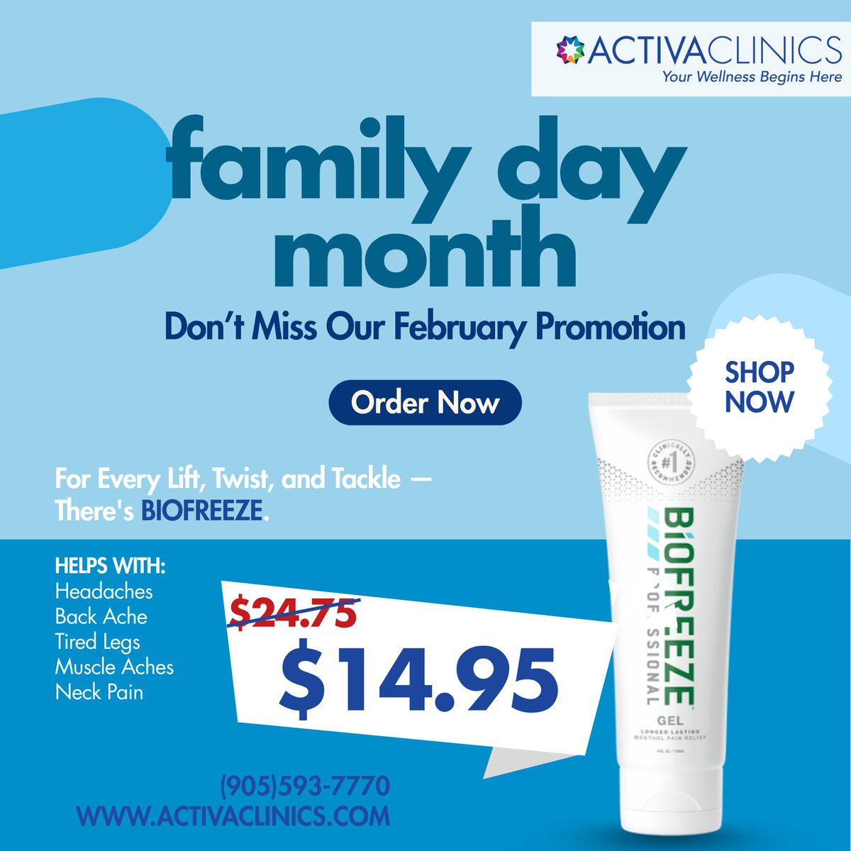 ActivaClinics's tweet image. Family Day Month promo 💙 BioFreeze Gel is $14.95 (was $24.75) this February at Activa Clinics. Helps with headaches, back/neck pain, muscle aches &amp;amp; tired legs. #Biofreeze #ActivaClinics
