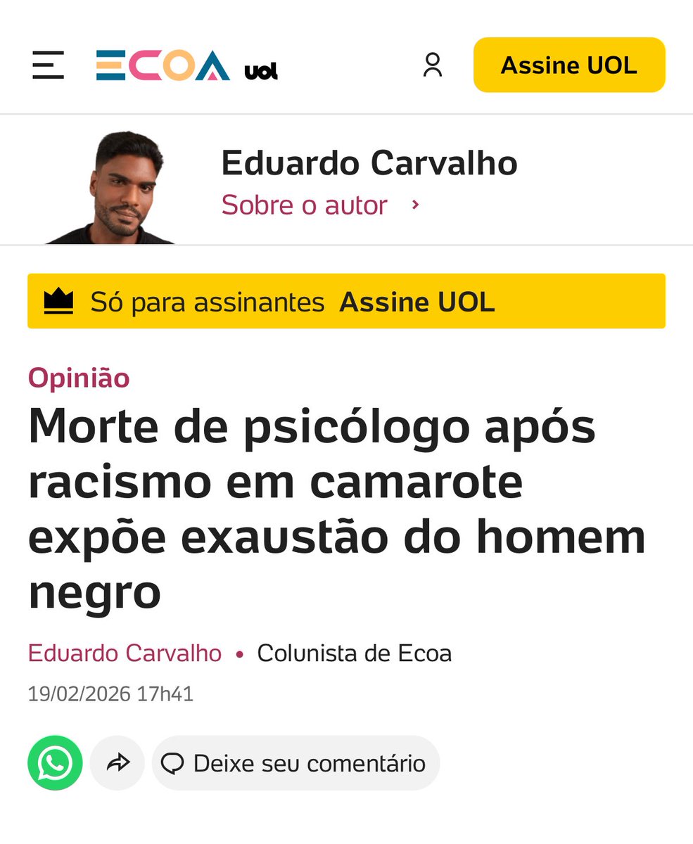 Com muita tristeza retomo a coluna em UOL trazendo a notícia que acordou meu dia: a morte de um psicólogo em Salvador, após um episódio de racismo. 

Estou triste. 

uol.com.br/ecoa/colunas/e…