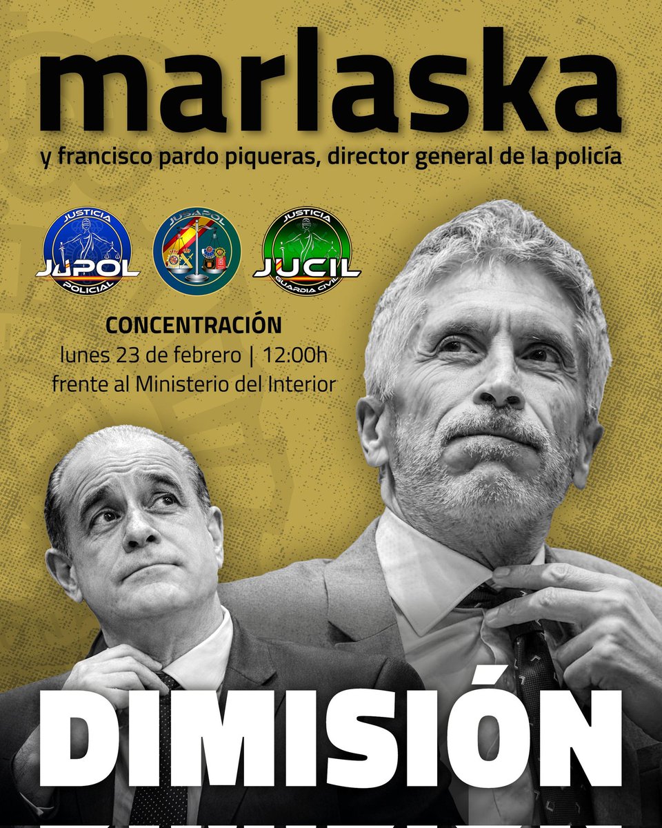 📢 JUCIL estará junto con JUPOL y JUSAPOL en la concentración que se celebrará el lunes 23 de febrero.

⏱️ Os esperamos a la 12:00 horas frente al Ministerio del Interior.

⏳ MARLASKA Y PARDO PIQUIRAS, TIC TAC TIC TAC ⏳ 

#MarlaskaDimision
💙#PoliciasyGuardiasCivilesUnidos 💚