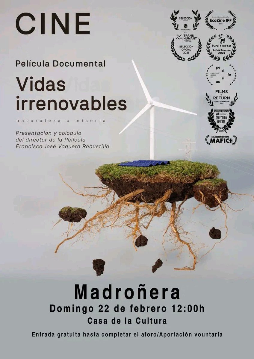 22/02. 12 . Película Documental "Vidas Irrenovables". Casa de la Cultura Madroñera <a href="/MotorClubMadro/">Motor Club Madroñera</a> <a href="/ADMadronera_B/">AD Madroñera Juvenil</a> <a href="/ADMadroneraFS/">Ad Madroñera Fs</a> <a href="/postureomadro/">Postureo Madroñera</a> <a href="/LasTejoneras/">Las Tejoneras De Conquista</a> <a href="/adicomt/">ADICOMT</a> <a href="/SIEMPREGARCIAZ/">GARCIAZ</a> <a href="/turisvilluercas/">Turismo Villuercas</a> <a href="/DehesaVilluerca/">Dehesas y Villuercas Ecologistas en Acción</a> <a href="/raicesdegarciaz/">@raícesdegarciaz</a> <a href="/PiSerradilla/">picosfoto-berzocana</a> <a href="/Expueblos/">Extremadurapueblos</a> <a href="/extremeneria/">Extremeñería 💚🤍🖤</a>