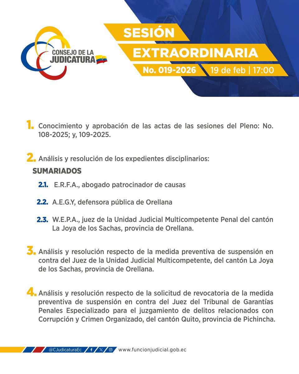 📌 #ConvocatoriaCJ

Conoce los temas que se analizarán durante el Pleno del Consejo de la Judicatura, en la Sesión Extraordinaria No. 019-2026.