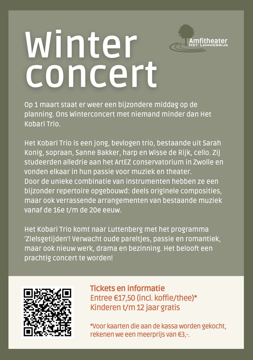 ✨ 𝗝𝗮𝗮𝗿𝗹𝗶𝗷𝗸𝘀 𝗪𝗶𝗻𝘁𝗲𝗿𝗰𝗼𝗻𝗰𝗲𝗿𝘁 – 𝗔𝗺𝗳𝗶𝘁𝗵𝗲𝗮𝘁𝗲𝗿 𝗛𝗲𝘁 𝗟𝗼𝗺𝗺𝗲𝗿𝗿𝗶𝗷𝗸 ✨

Dit jaar verwelkomen we op zondag 1 maart het Kobari Trio in Luttenberg met hun bijzondere programma ‘Zielsgetijden’.

Tickets: amfitheaterhetlommerrijk.nl/evenementen/ko…