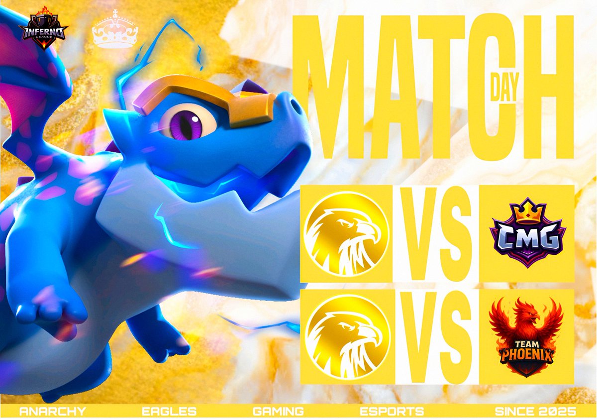 #ClashRpyale • #MatchDay 🥊

Toca mantener nuestra racha de victorias, buena suerte a nuestros rivales (la necesitaran) 🤫

🆚️ • <a href="/CMG_EsportsCR/">CMG E-Sport</a> 
🏆 • <a href="/infernoleagueX1/">Inferno League</a> 
📌 • Ronda 10

🆚️ • <a href="/Team_PhoenixCR/">Phoenix</a> 
🏆 • <a href="/amkl_league/">AMERIKA LEAGUE</a> 
📌 • Semi-Final (WB)

#WeAreAEG #AlwaysAEG 🦅
