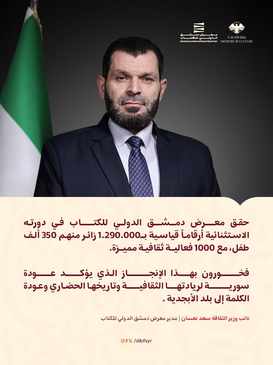 أظهر معرض دمشق الدولي للكتاب حجم حبّ السوريين للكتاب وشغفهم بالمعرفة، إذ استقبل 1.29 مليون زائر، وحقق مبيعات بلغت 500 ألف كتاب خلال أيامه، مع توفر 140 ألف عنوان أمام القرّاء.
(1\3)

#معرض_دمشق_الدولي_للكتاب
#dibfsyr
#دمشق
#سوريا