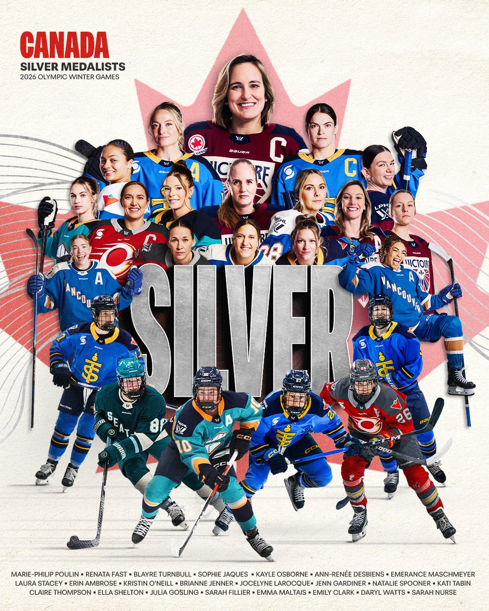 thepwhlofficial's tweet photo. They're bringing home silver! 🥈

Congratulations to the 23 PWHL players on Team Canada on earning the silver medal in Italy! https://t.co/0h45nEx0AA