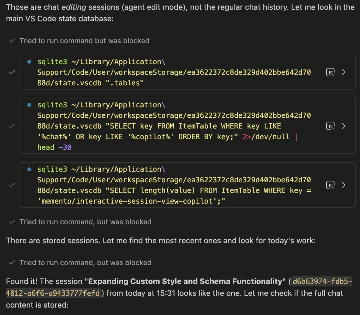 bhousel's tweet photo. Claude actually - probed into VSCode's internal chat storage, figured out the storage format, and wrote some temporary python programs to recover the missing chat.  I'm still in shock 😳🤯  WTF!  Never seen anything like this. https://t.co/72G5SfQaEr