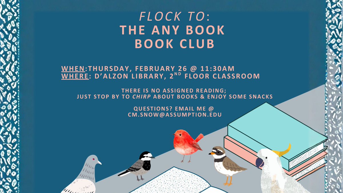 AUdalzonlibrary's tweet photo. Our next book club meeting is this Thursday at 11:30 am! Stop by to rave about your favorite books, vent about your not-so-favorite books, and find some new additions for your TBR pile! Snacks are included! #bookclub #bookclubs #TBR #TBRpile #dalzonlibrary #assumption #reading https://t.co/k6bpf1sHHq