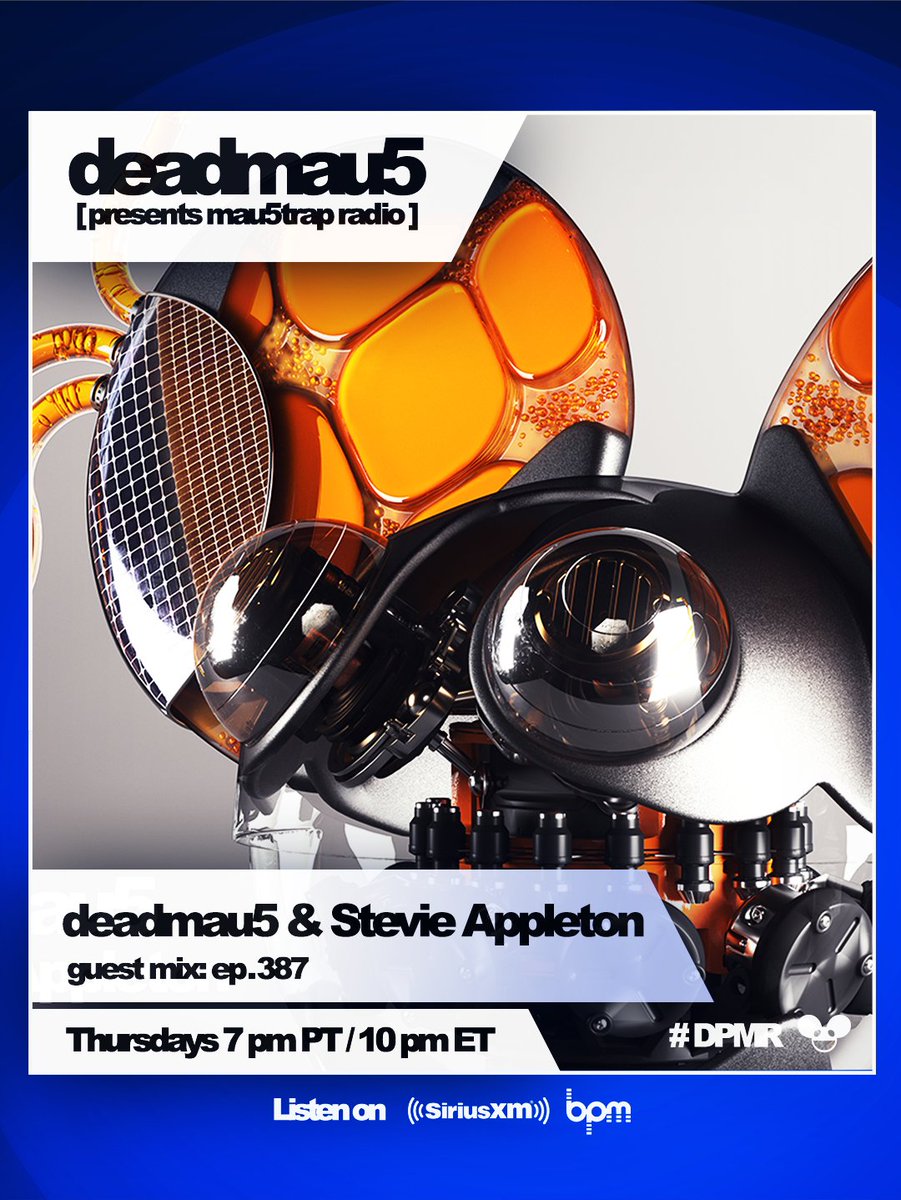 mau5trap's tweet photo. tonight on #DPMR ep. 387 we go live with the boss himself @deadmau5 featuring a mix from our friend @stevieappleton to celebrate their upcoming release 'Science'. tune in at 7pm PT/ 10pm ET for an hour of your favs only on @SIRIUSXM @SiriusXMElectro 

🔗 https://t.co/R9x8V91oDb https://t.co/9CwxO4VD7T
