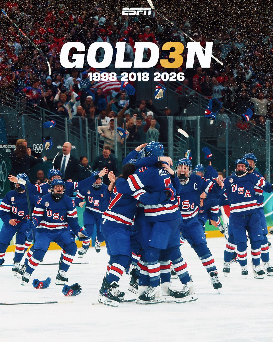 espn's tweet image. USA WOMEN'S HOCKEY WILL TAKE HOME THE GOLD FOR THE THIRD TIME! 🇺🇸🥇

The first time since 2018!