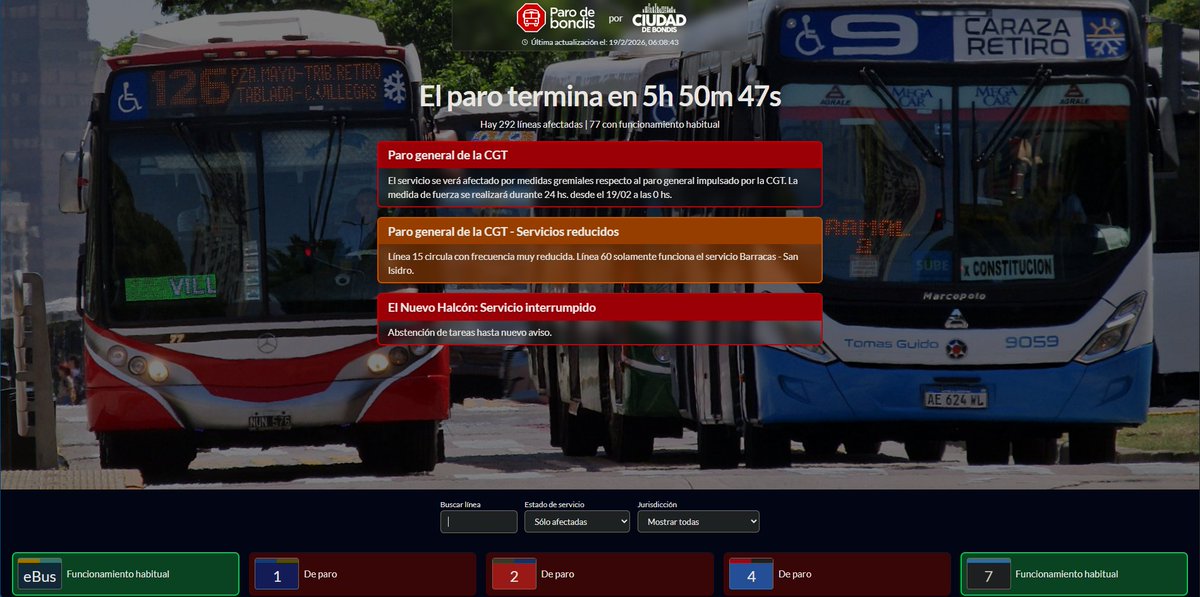 Informacion actualizada en parodebondis.com.ar

🐝Quedaron las de #DOTA + las comunales de Lomas de Zamora (Yitos/Autobuses) + #Linea80 en verde.

⚠️#Linea15 y #Linea60 reducidas

🚨Todo el resto no funciona