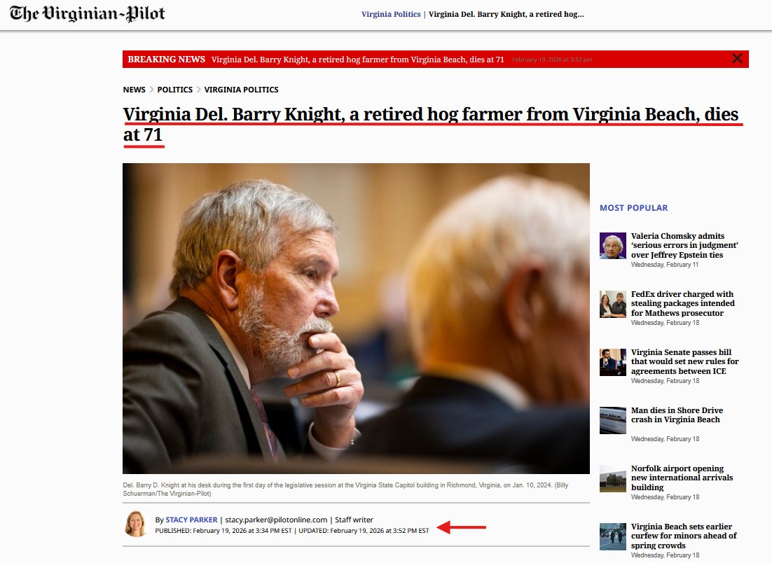 TheDebriefing17's tweet image. 🤔Virginia Delegate Dead at "71"