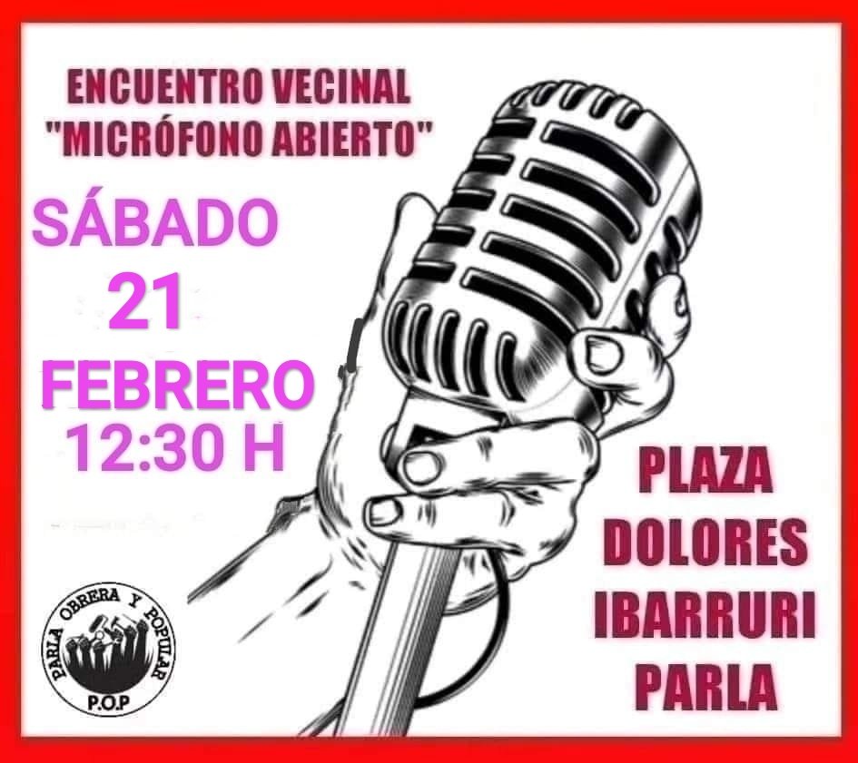 EMPRESA 100% PÚBLICA DE ENERGÍA
VIVIENDA=DERECHO,NO=NEGOCIO
PRESUPUESTOS MILITARES ESCUELAS Y HOSPITALES PÚBLICOS 
MicroAbierto 
Sábado 21 Febrero 12:30h
Pl Dolores ibarruri #Parla 
#NiUnaMenos
#SextoCentroSaludParla 
#Palestinalibre
Derogación 15/97,LEY MORDAZA 
#SanidadPublica