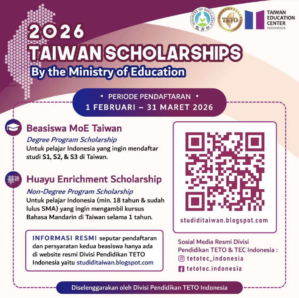 Ministry of Education (MOE) Taiwan Scholarship
Deadline 31 Maret 2026

- untuk studi S1, S2, dan S3
- untuk kursus singkat bahasa Mandarin (1 tahun)

#InfoBeasiswa mau degree atau non-degree, sikat!