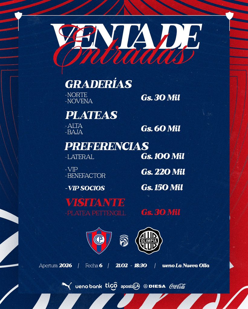 ✅ 𝐏𝐮𝐞𝐛𝐥𝐨 𝐀𝐳𝐮𝐥𝐠𝐫𝐚𝐧𝐚, informamos que desde hoy jueves está habilitada la 𝐯𝐞𝐧𝐭𝐚 𝐝𝐞 𝐞𝐧𝐭𝐫𝐚𝐝𝐚𝐬 𝐩𝐚𝐫𝐚 𝐭𝐨𝐝𝐨 𝐩𝐮́𝐛𝐥𝐢𝐜𝐨.

Cerro Porteño 🆚 Olimpia

📆 Sábado 21.02
⌚️ 18:30
🏟️ Estadio ueno La Nueva Olla